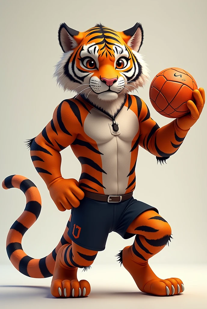 Based on the little tiger. Create a handball team photo, with the name "little tigers", where the tiger will represent the little tiger. The animal must have a handball in its hand, no people in the photo just the animal