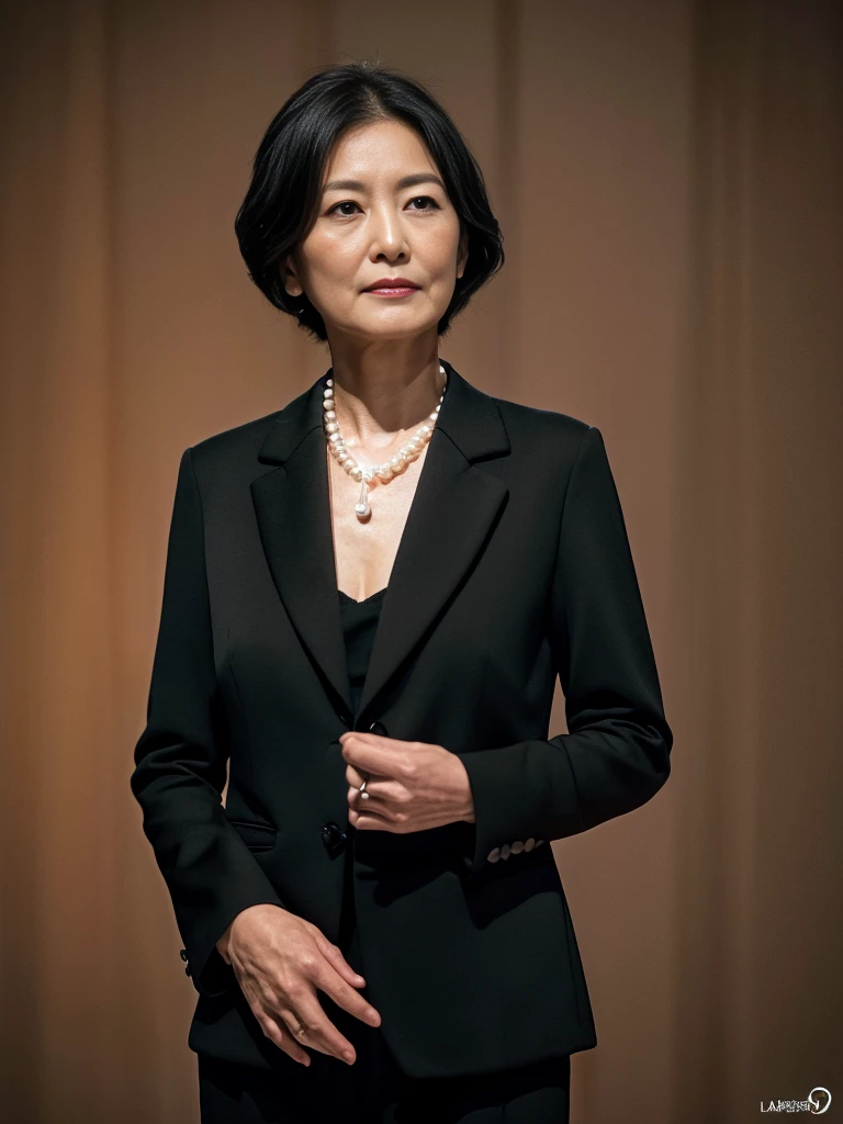 (Highest quality, 8k, Best image quality), Beautiful and elegant mature woman, Full body photo of a Japanese woman, Beautifully detailed face, Standing Elegantly (All black suit-type mourning attire:1.5), (Pearl Necklace:1.2), clavicle, (Fascinating, Shiny, Sexy Mature), (A perfect composition depicting the most beautiful woman:1.3), Plump body, (Romantic and atmospheric warm lighting:1.2), compensate;1.5, The most beautiful and elegant hairstyles, (Accurate anatomy:1.1), Hotel Background, (Big Breasts)、Slender