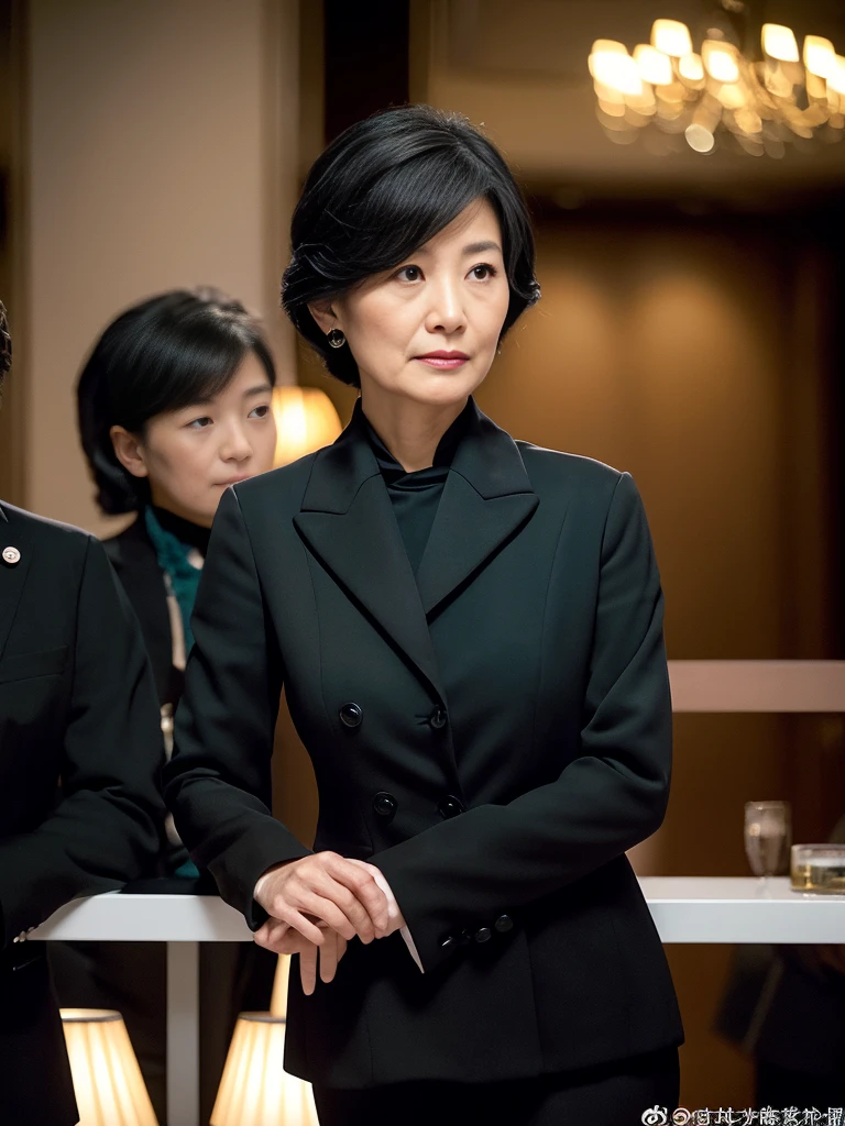 (Highest quality, 8k, Best image quality), Beautiful and elegant mature woman, Full body photo of a Japanese woman, Beautifully detailed face, Standing Elegantly (All black suit-type mourning attire:1.5), (Pearl Necklace:1.2), clavicle, (Fascinating, Shiny, Sexy Mature), (A perfect composition depicting the most beautiful woman:1.3), Plump body, (Romantic and atmospheric warm lighting:1.2), compensate;1.5, The most beautiful and elegant hairstyles, (Accurate anatomy:1.1), Hotel Background, (Big Breasts)、Slender