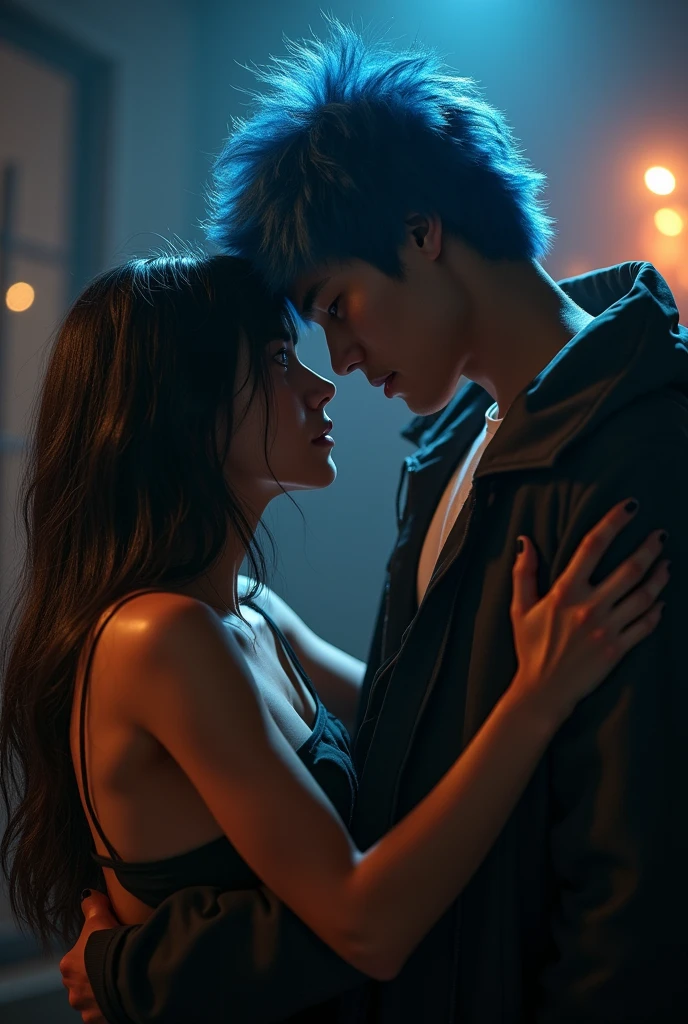 A young adult male with shaggy blue hair, straddling a young adult native male with long straight black hair, cinematic lighting, highly detailed, photorealistic, masterpiece, 8K, HDR, unreal engine, dramatic lighting, atmospheric, moody, emotive, intricate details, intense gaze, compelling portraiture