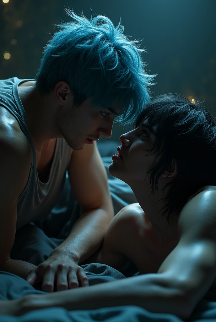 A young adult male with shaggy blue hair, straddling a young adult native male with long straight black hair, cinematic lighting, highly detailed, photorealistic, masterpiece, 8K, HDR, unreal engine, dramatic lighting, atmospheric, moody, emotive, intricate details, intense gaze, compelling portraiture