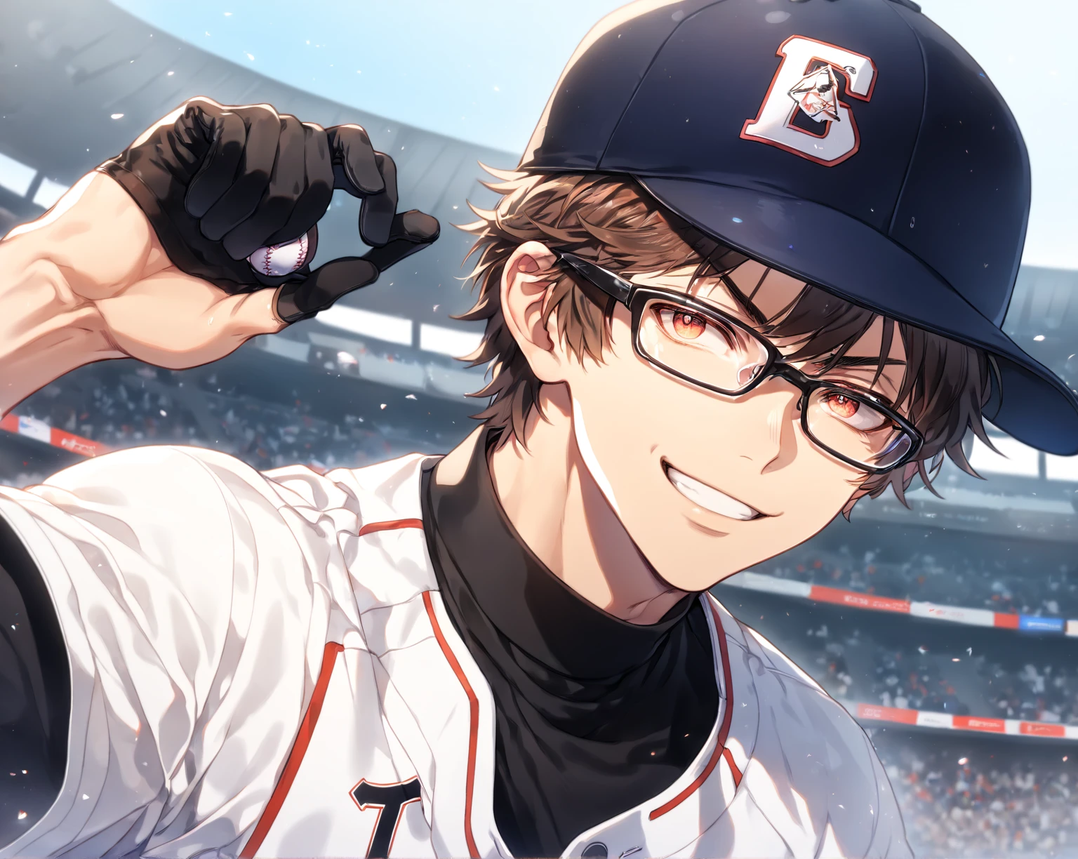 absurdres, highres, ultra detailed, HDR, master piece, Miyuki Kazuya, brown hair, expressive amber eyes, black glasses, white baseball uniform, Diamond No Ace, sexy man, handsome, best quality, fantasy, magical, solo, sensual, stadium, blue sky, handsome smile, manly man, black gloves, holding a baseball ball