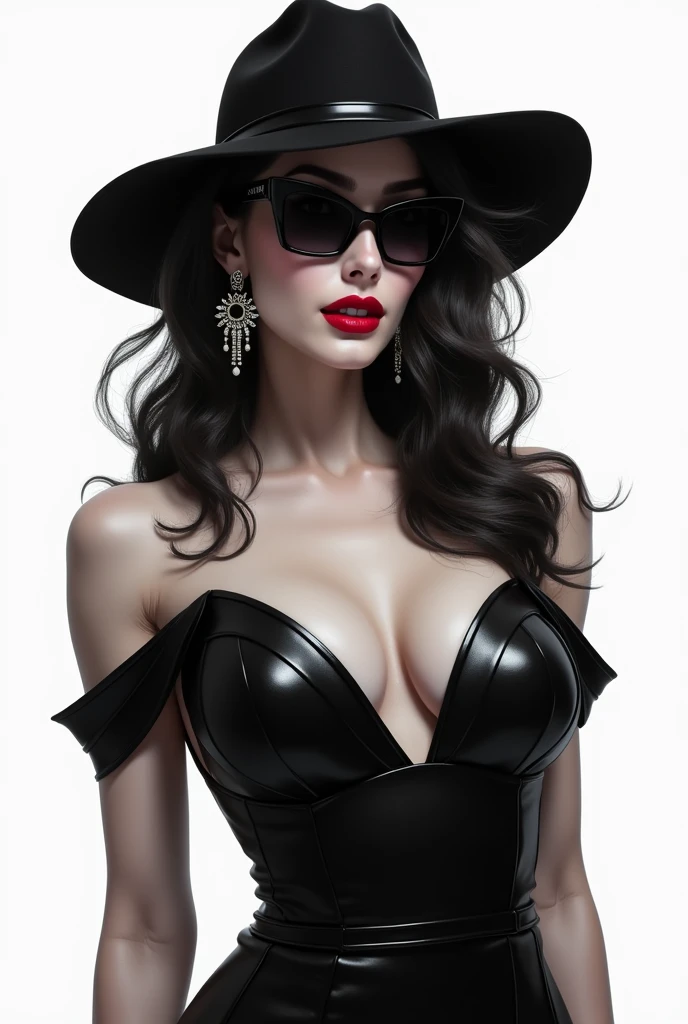 1girl, sunglasses, solo, hat, lipstick, red lips, long hair, dress, plunging neckline, makeup, monochrome, white background, earrings, cleavage, jewelry, upper body, spot color, hair over shoulder,dark theme,shiny,shiny skin,milf,(mature female:1.2),
