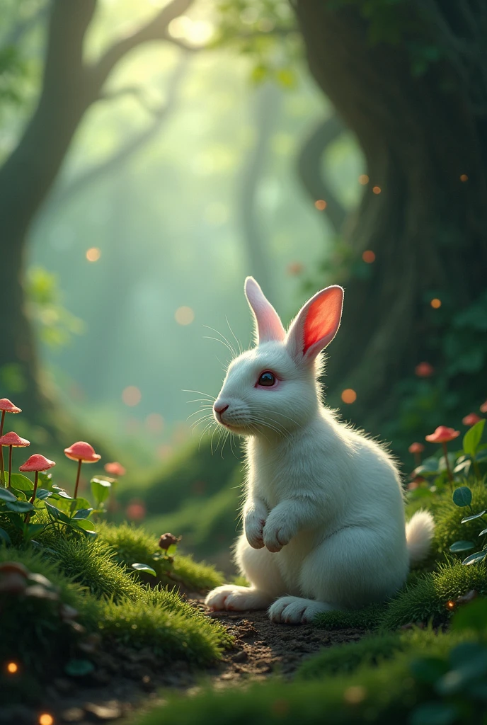 White and wounded rabbit in an enchanted forest 