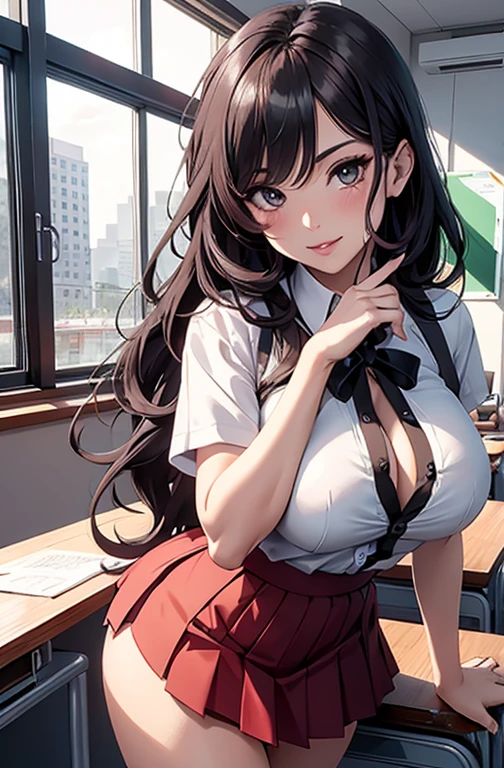 masterpiece, best quality, best lighting, shadows, perfect anatomy, 1 girl, adult anime girl, 2, mature features, showing tits, bitchy face, pretty lips, pretty eyes, black wavy hair, black eyes, seductive eyes, blushing, flirty, pretty smile, tiny red skirt, wet white tight shirt, classroom background, ass, breast, thighs, seductive, spicy, hot, flirty, nsfw,
