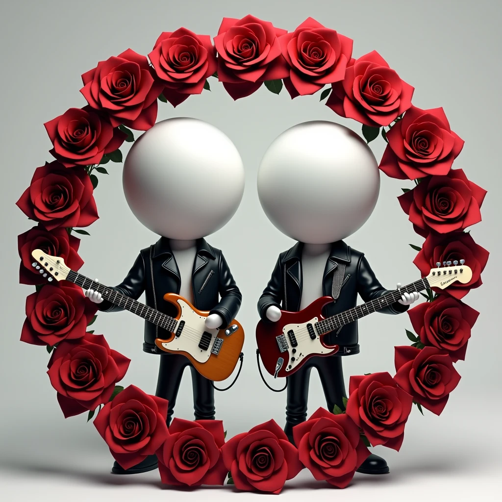 Create two characters that are chess pawns wearing a leather jacket and holding an electric guitar.. The head should be spherical without eyes similar to a real chess pawn and without legs like the base of a real chess pawn.. The base, head and hands should be white.... Surround the characters with a circular garland of red roses like the logo of the band Guns'n Roses