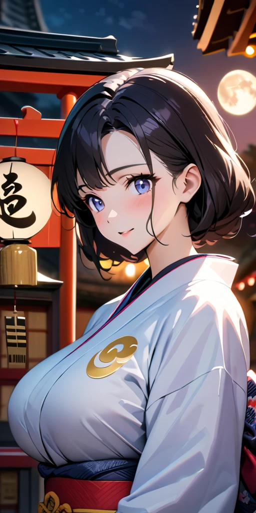 ((Highest quality、masterpiece、anime style、best quality、high resolution、8k、detailed、ultra-detailed:1.3))、Long legs:1.2, Beautiful woman with perfect figure:1.4、(Smiling:1.2), double eyelid、30-year-old female、((((One Woman,beautiful face,Beautiful face、Japanes,Japan、Kyoto、kimono、 night,upper body:1.5)))),Big Breasts、High resolution, accurate, Anatomically correct, Winner of numerous awards, High-resolution model, high quality, Very detailed, Ultra high definition, Textured skin,(((one moon:1.5))),fireworks,Shrines, Buddhist temples,Japanese Festival