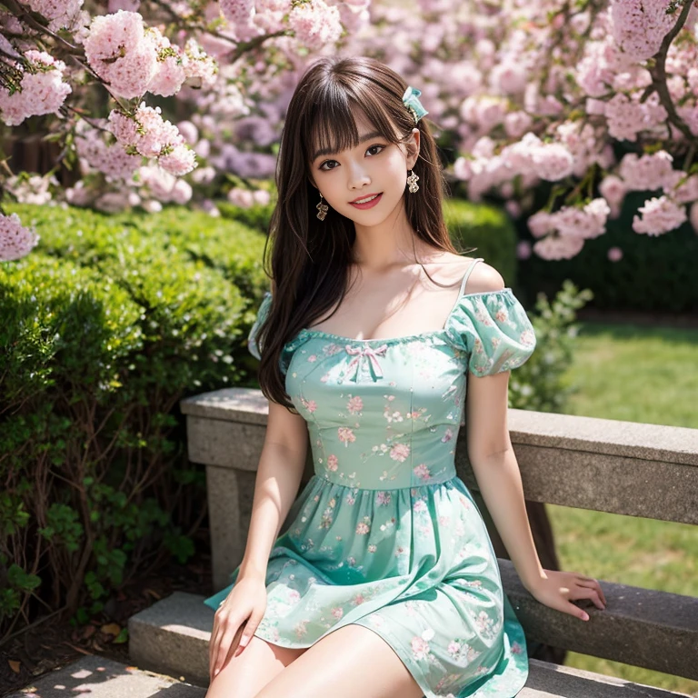 laughing out loud，travel scenery photos，Put on a sweet dress，Green floral pattern dress，Floral pattern scattered throughout the dress，Puff sleeves，公主Puff sleeves，Puff sleeves蓋住肩膀，Puff sleeves cover shoulders，Short sleeve，A-line dress，（There is a layer of transparent mesh outside the skirt）, Fluffy and lightweight dress，（The dress is made of mesh）, There are pink ribbon bows on both sides of the collarbone.，High hem A-line skirt，1 female, On the face, light brown hair, blunt bangs, hair behind ears, Shoulder length hair, long hair, Slender body type, 超face slimming型, face slimming, delicate lips, beautiful eyes, Thin blush, Eyes are light brown,Check it out here, (actual:1.3), One person's perspective, 8k, Super detailed, high quality, best quality, High resolution，2,above knee shot，Breast protrusion，plump breasts, breasts in clothes，No breasts，H cup breasts