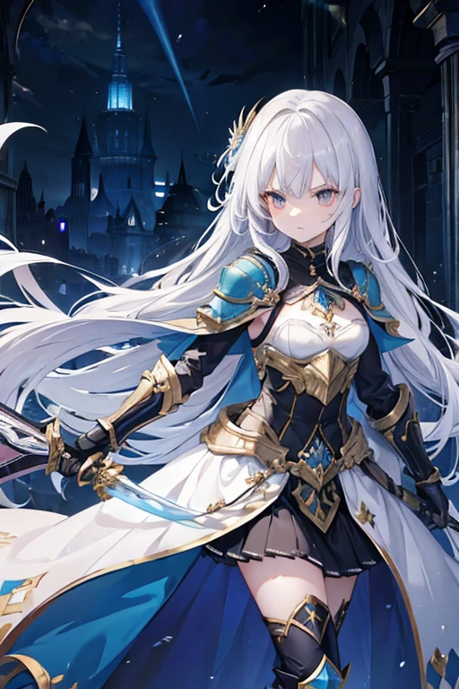 (masterpiece:1.5), Best Quality, very aesthetic, absurdities, 1 girl, Hero, male, 1, long messy hair, silver hair, Serious and angry expression, sweaty forehead, armor, chest plate, shoulder pads, gauntlets, kneepads, blue cape, holding the sword, leaning forward, swinging sword, 1 girl, Hermosa Heroina, female , long straight hair, flowing in the wind, silver hair, bright Eyes, silver dress with black, golden gemstones, blue cape, holding a silver sword, interior of a village house, broken walls, floor, Old furniture, luz outfit, Illuminated by magic and the reflection of the sword., pillars of fall, Scattered debris, sharp focus on subjects, vivid colors, animated style, Strain, excitement,