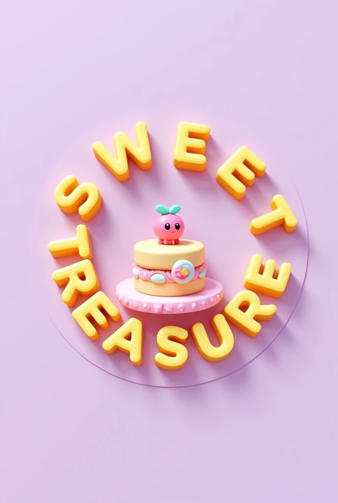 Light purple background logo, The letters are yellow in a circular shape creating a circumference and it says Sweet treasure and inside there are 3 cake figures
