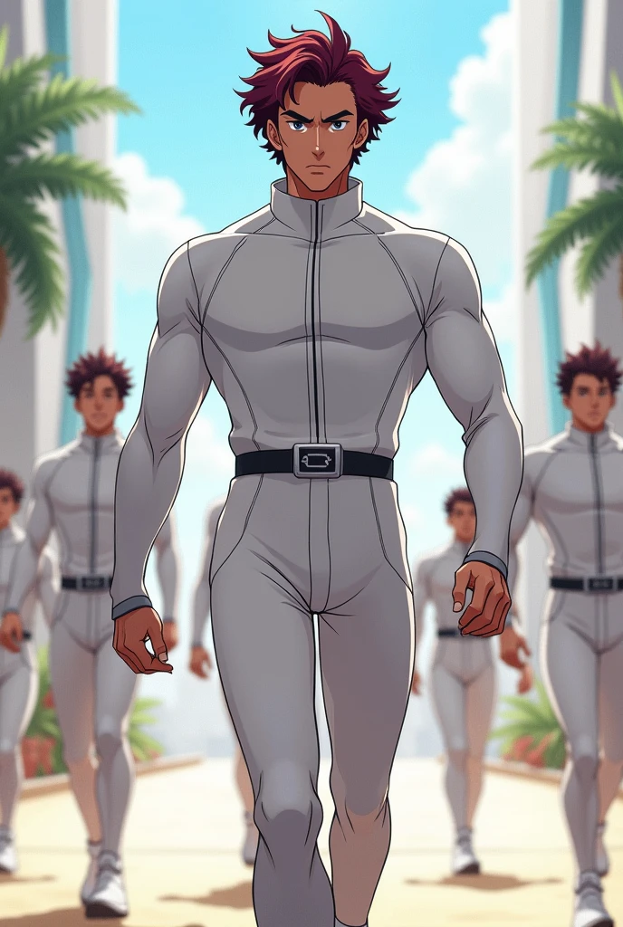 With Rafael as Team Leader #1, imagine him walking confidently in the all-white uniform, the silver numeral "1" proudly displayed on his chest. Her burgundy curls would add a pop of vibrant color against the pristine backdrop of the jumpsuit. The fit would accentuate his lean, athletic build, showing off his physique as he moves through the challenges in the oasis. Rafael's personality as a natural leader would shine through in his body language and expression. He would carry himself with an air of authority, his brow set in determination, his eyes scanning his surroundings with strategic intent. However, there would also be a glimmer of warmth and encouragement in his gaze, reflecting his supportive nature and desire to motivate his teammates. As challenges arose, he would remain composed, relying on his quick thinking and resourcefulness to guide the team toward success through clear directives and a calm, steady voice. His strong sense of responsibility would be evident in the way he carries the burden of leadership, always putting the team's needs before his own. This altruism would be admirable and inspiring to his followers, fostering a sense of camaraderie and loyalty within the group. As the challenges intensified, Rafael became increasingly focused, his movements became more decisive and his decisions more calculated. Do it anime style with a close up of his face