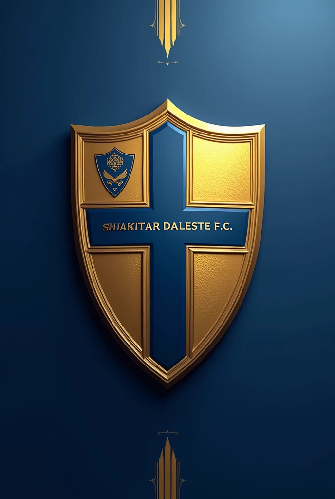 Create an image with a blue and gold cross-shaped shield of a football club and add the name Shakhtar Daleste F. C in the shield
