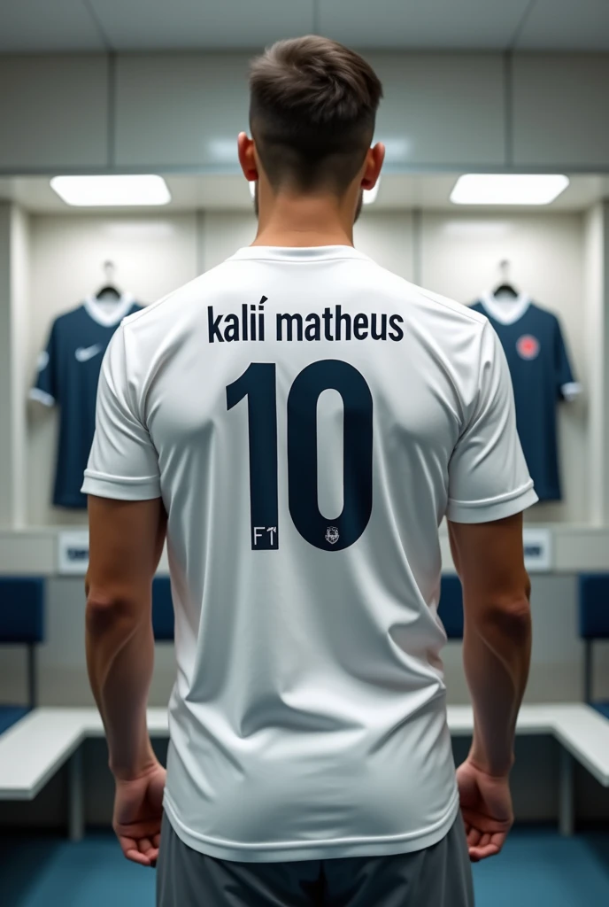 Make me a white football style shirt, on his back there is a giant number in the middle, The number 10, and just below it says Kaliã Matheus