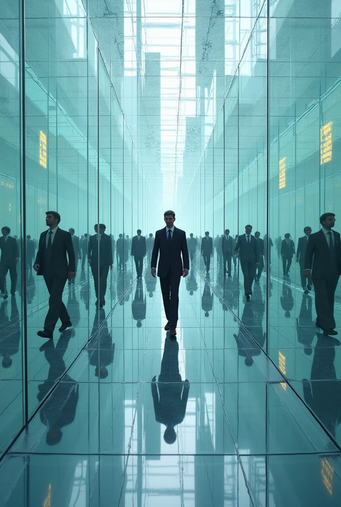 Make me a glass maze and some people inside it look like there are many because of the reflection from the glass.