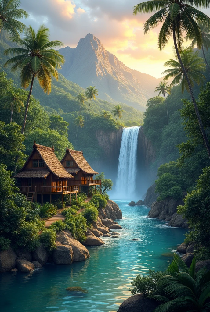 A serene tropical paradise with two small wooden houses nestled amongst lush green foliage, a cascading waterfall flowing into a crystal-clear river, and the sun setting behind a mountain range, creating a warm and inviting atmosphere.  [Digital Painting, Realistic, Photorealistic], [Inspired by the work of Thomas Kinkade], [Warm color palette, soft lighting, focus on the waterfall and the river, detailed textures, smooth transitions, a sense of peace and tranquility]