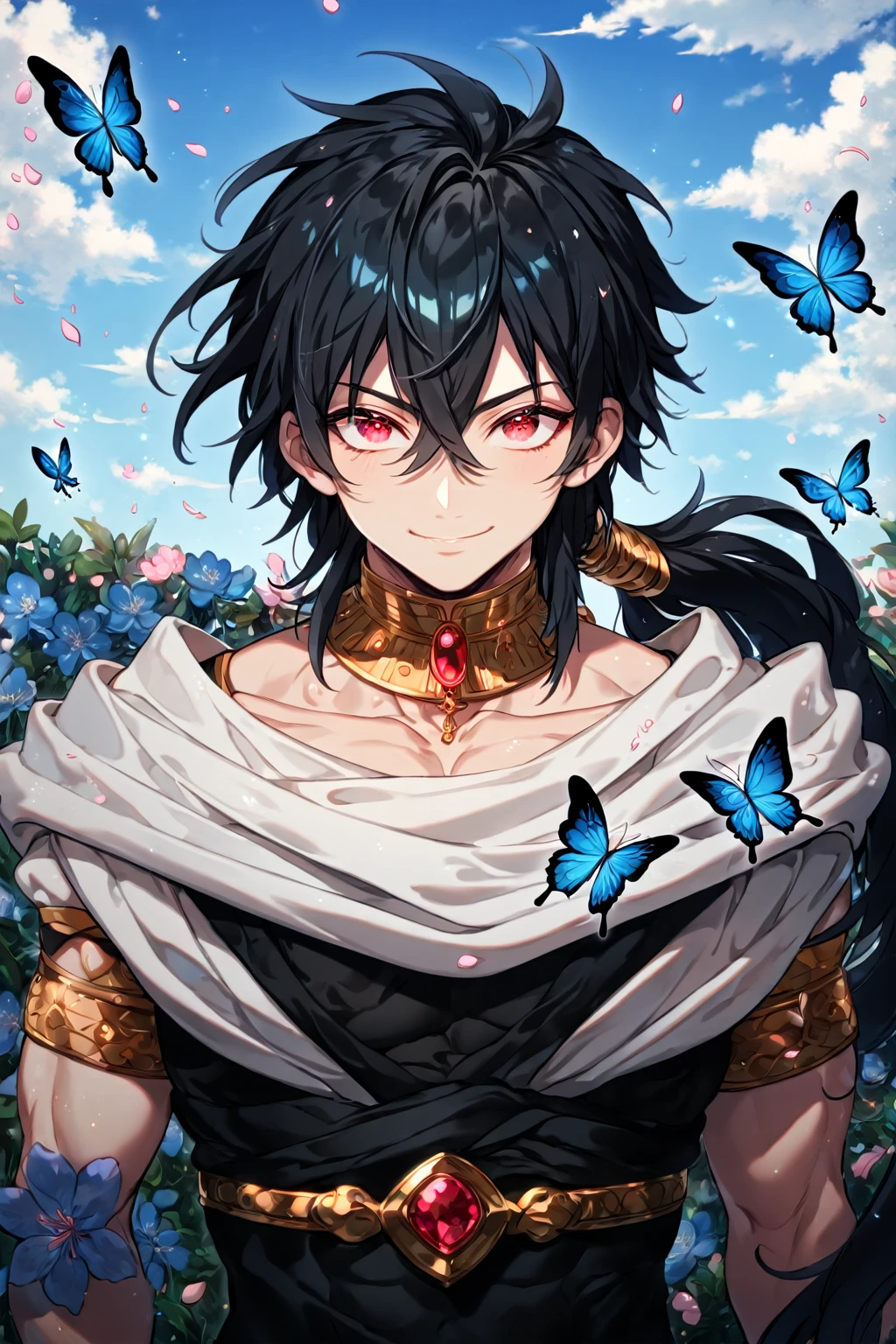 absurdres, highres, ultra detailed, HDR, master piece, best quality, extremely detailed, detailed face, detailed eyes, Judar, black hair, segmented long low ponytail, expressive red eyes, Magi: The Labyrinth Of Magic, solo, sexy man, handsome, smile, manly man, sensual, Indian white chunnari around his shoulders, small short-sleeved black midriff-baring choli, black Indian pants, golden necklace with a ruby, golden bracelets, garden, cherry blossoms, pink petals, pink flowers, pink butterflies, blue sky, fantasy, magical