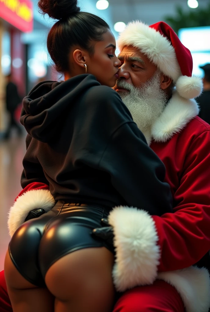 black woman hair in a bun black hoodie black leather short shorts excited and eyes wide open on her face setting in santa claus lap at the mall 8k santa holding her up against him french kissing her and holding her butt cheeks