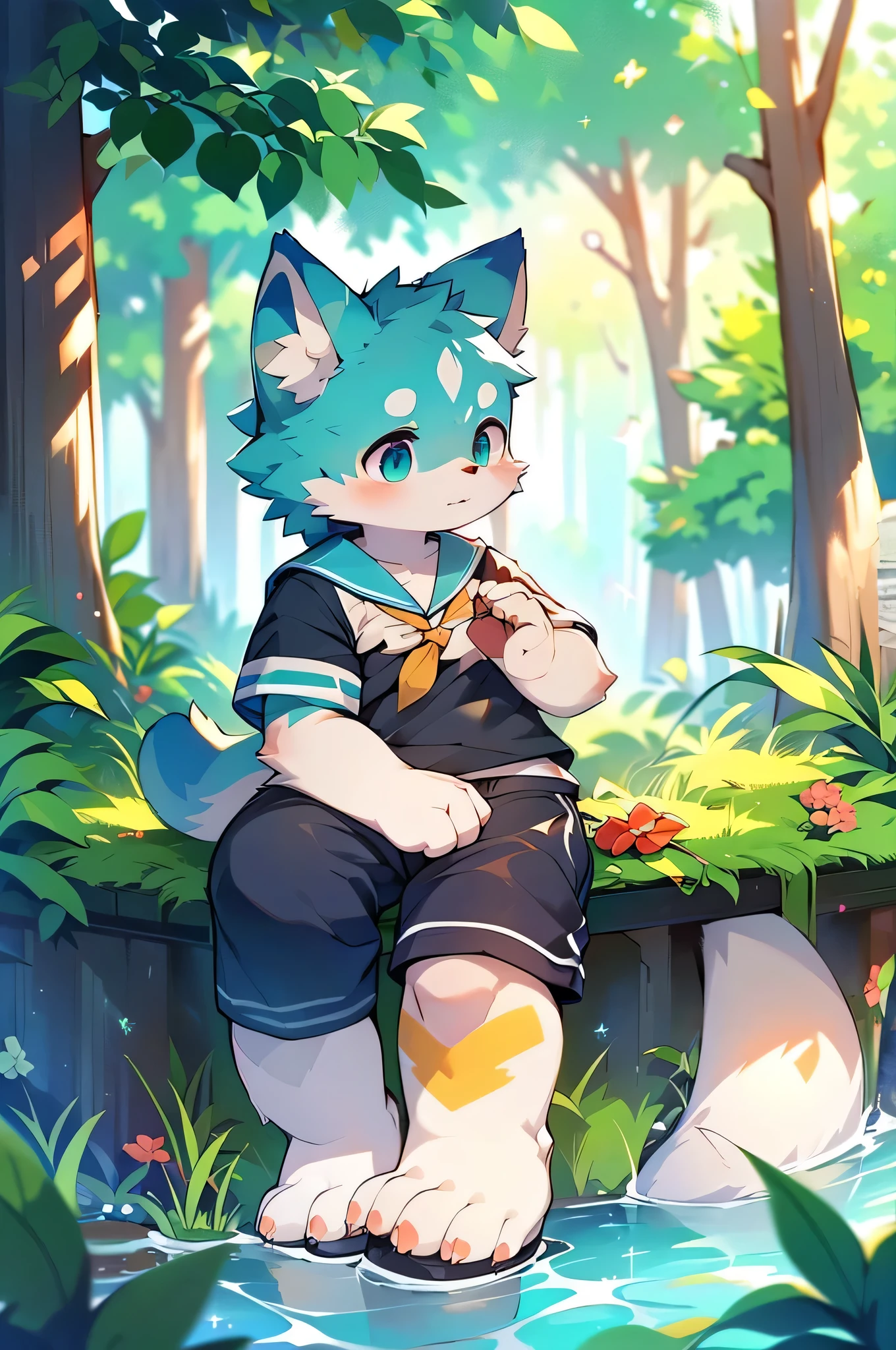 Features,super high quality,Very detailed,High resolution,超High resolution,Detailed Background,River side,Not very detailed,超High resolution,Horny boy always details,超High resolution,Horny boy(Photos of solo travelers) (kemono,Furry Personification),Vibrant,かわいい耳のFeatures,Canidae,green fur,Sailor suit,Shorts,,alone