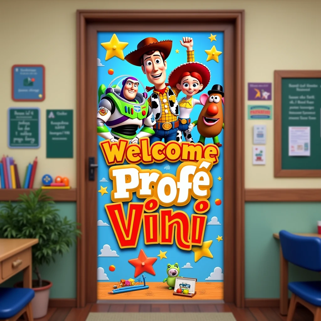 Generate an image of a door banner with a Toy Story theme. All the characters must be in a classroom., smiling at the top with the phrase welcome Profe Vini in Spanish.