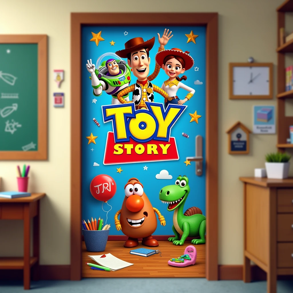 Generate an image of a door banner with a Toy Story theme. All the characters must be in a classroom., smiling at the top with the phrase welcome Profe Vini in Spanish.