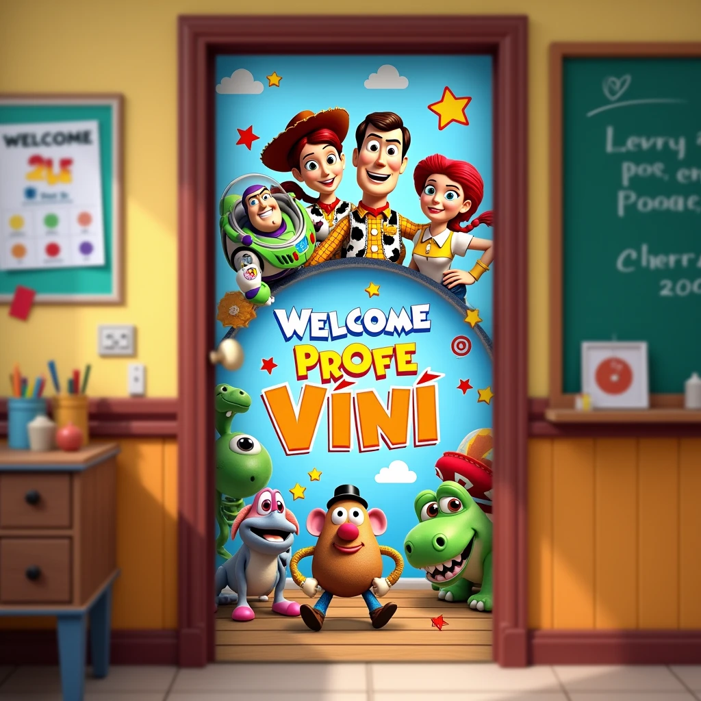 Generate an image of a door banner with a Toy Story theme. All the characters must be in a classroom., smiling at the top with the phrase welcome Profe Vini in Spanish.