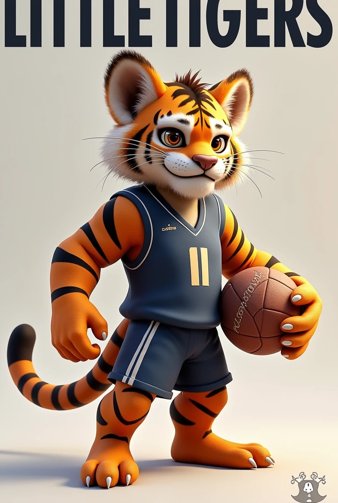 Based on the little tiger. Create a handball team photo, with the name "little tigers", where the tiger will represent the little tiger. The animal must have a handball in its hand, no people in the photo just the animal