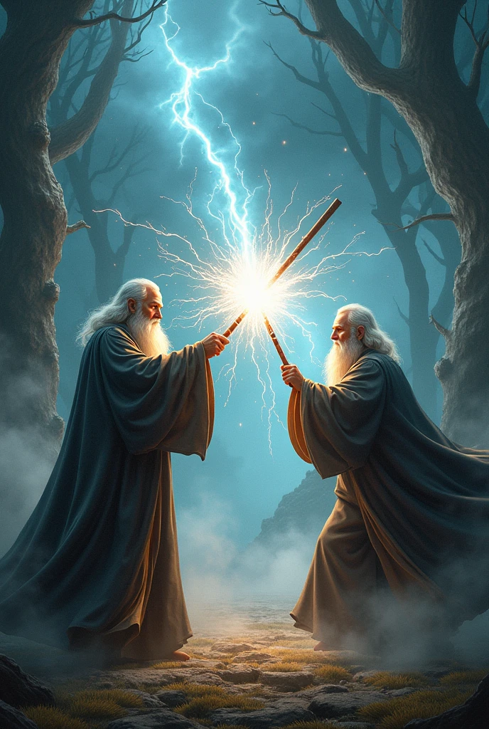 Gandalf and Dumbledore fighting each other by casting magic at each other