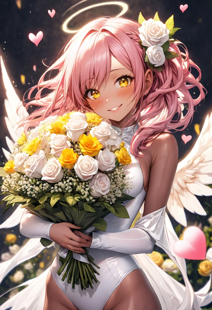 (perfect natural beauty style), (pov, focus face, close up face, solo:2, 1000yo) (dark Sunburned skin:1.5), (detailed Dreadlocks:1.4) (immensely beautiful pink hair long hair), (best sexy elf woman) (immensely sexy yellow eyes) (ecstasy smile) (glossy lip) (small tits), (elf ear), in a best cute white angel leotard with double exposure:1.2 love hearts, break, hand holding a beautiful detailed big bouquet of white rose, break, ((background font is "Thanks")), BREAK, perfect anatomy, masterpiece, best quality, 16k, beautiful detailed thanks, daydreaming expression.