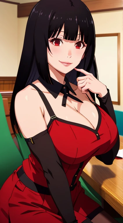 Jabami yumeko, (Mature female, bangs, side locks, Red eyes, Black hair, Huge breasts3),Portrait of a girl, (face:1.2), schoolgirls, smile,bare shoulders​, Black hair, cherry blossom), Willow Branch, (masterpiece best quality :1.2), large big breasts