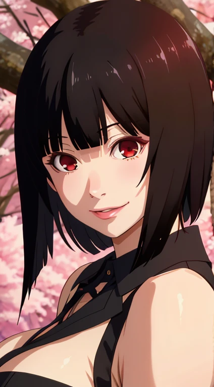 Jabami yumeko, (Mature female, bangs, side locks, Red eyes, Black hair, Huge breasts3),Portrait of a girl, (face:1.2), schoolgirls, smile,bare shoulders​, Black hair, cherry blossom), Willow Branch, (masterpiece best quality :1.2), large big breasts