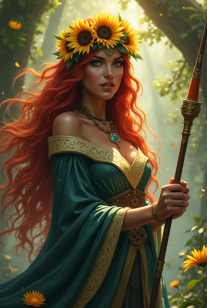 A red-haired woman with blue eyes wearing a crown of sunflowers and medieval clothing ,She is black with light spots and uses a wand
