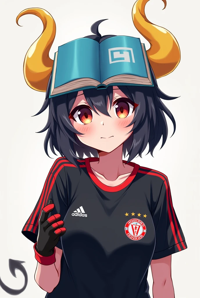 Anime girl with a black shirt and black gloves and red soccer stripes and yellow horns and a blue book on her open head