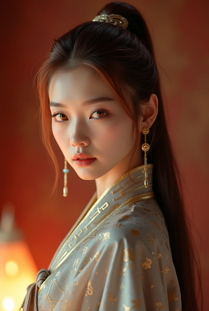 (RAW Photo) , (highly detailed:1.20) , (ultra realistic :1.10) ,sexy chinese girl in her 20s ,
(perfect face:1.20) , (detailed red eyes :1.20) , with long auburn hair in a high ponytail ,
(long silver and gold lined cape tied at the neck with a ribbon :1.20) , full body, high-quality
ultra realistic style, warm tones, soft lighting, detailed eyes, professional, expressive , 8K ,
highly detailed , professional,