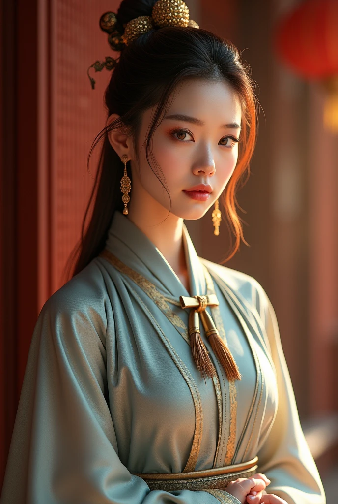 (RAW Photo) , (highly detailed:1.20) , (ultra realistic :1.10) ,sexy chinese girl in her 20s , 
(perfect face:1.20) , (detailed red eyes :1.20) , with long auburn hair in a high ponytail , 
(long silver and gold lined cape tied at the neck with a ribbon :1.20) , full body, high-quality 
ultra realistic style, warm tones, soft lighting, detailed eyes, professional, expressive , 8K , 
highly detailed , professional,