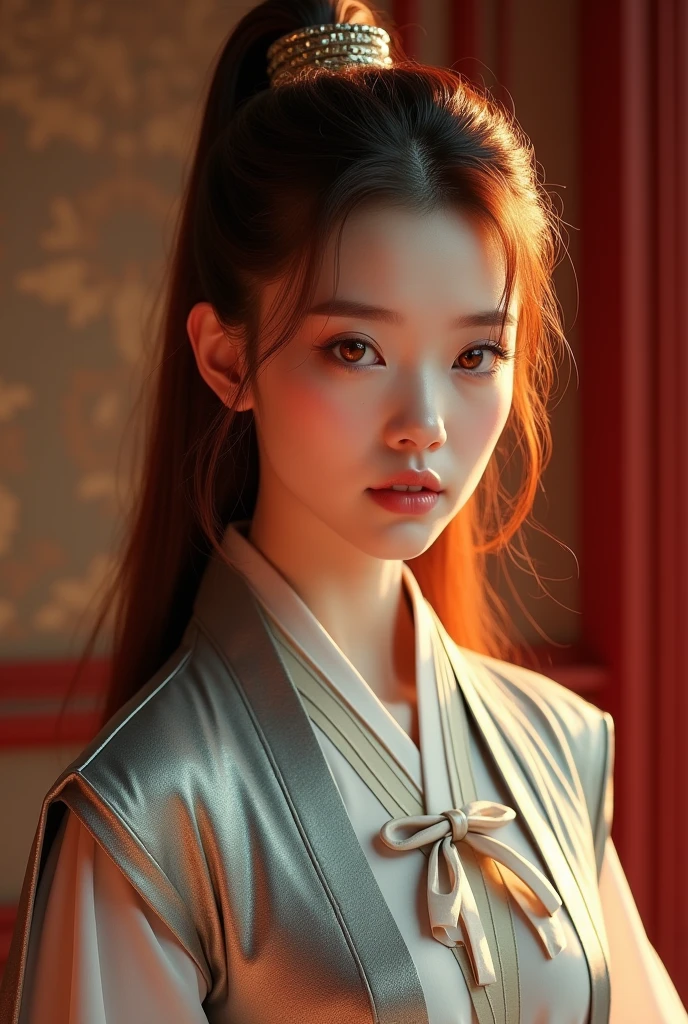 (RAW Photo) , (highly detailed:1.20) , (ultra realistic :1.10) ,sexy chinese girl in her 20s ,
(perfect face:1.20) , (detailed red eyes :1.20) , with long auburn hair in a high ponytail ,
(long silver and gold lined cape tied at the neck with a ribbon :1.20) , full body, high-quality
ultra realistic style, warm tones, soft lighting, detailed eyes, professional, expressive , 8K ,
highly detailed , professional,