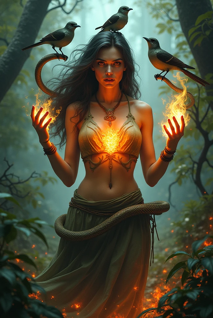 Generate a woman that has red eyes, mytical flame coming out of her hand and is surrounded by animals, snake going around her, birds on her head talking to them in the forest