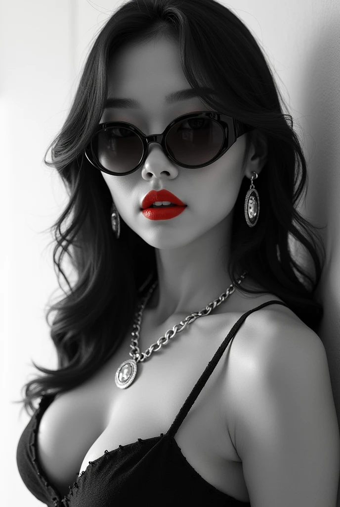 1girl, sunglasses, solo, hat, lipstick, red lips, long hair, dress, plunging neckline, makeup, monochrome, white background, earrings, cleavage, jewelry, upper body, spot color, hair over shoulder,dark theme,shiny,shiny skin,milf,(mature japanese female:1.2),