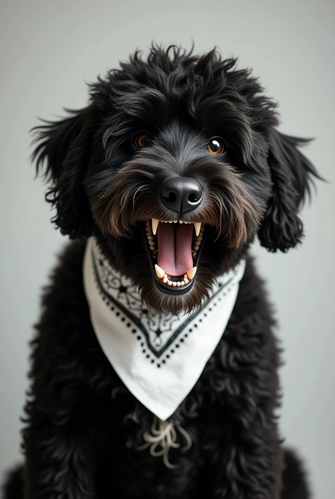 Black Labradoodle angry showing teeth. It's wearing a white Keffiyeh. Realistic