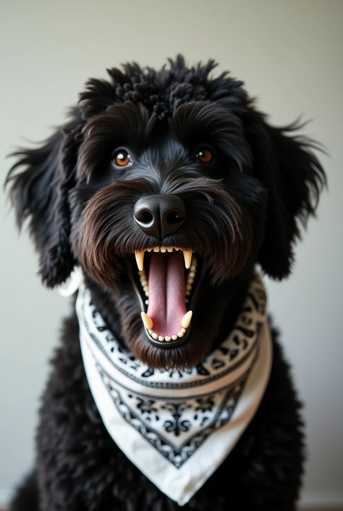 Black Labradoodle angry showing teeth. It's wearing a white Keffiyeh. Realistic 