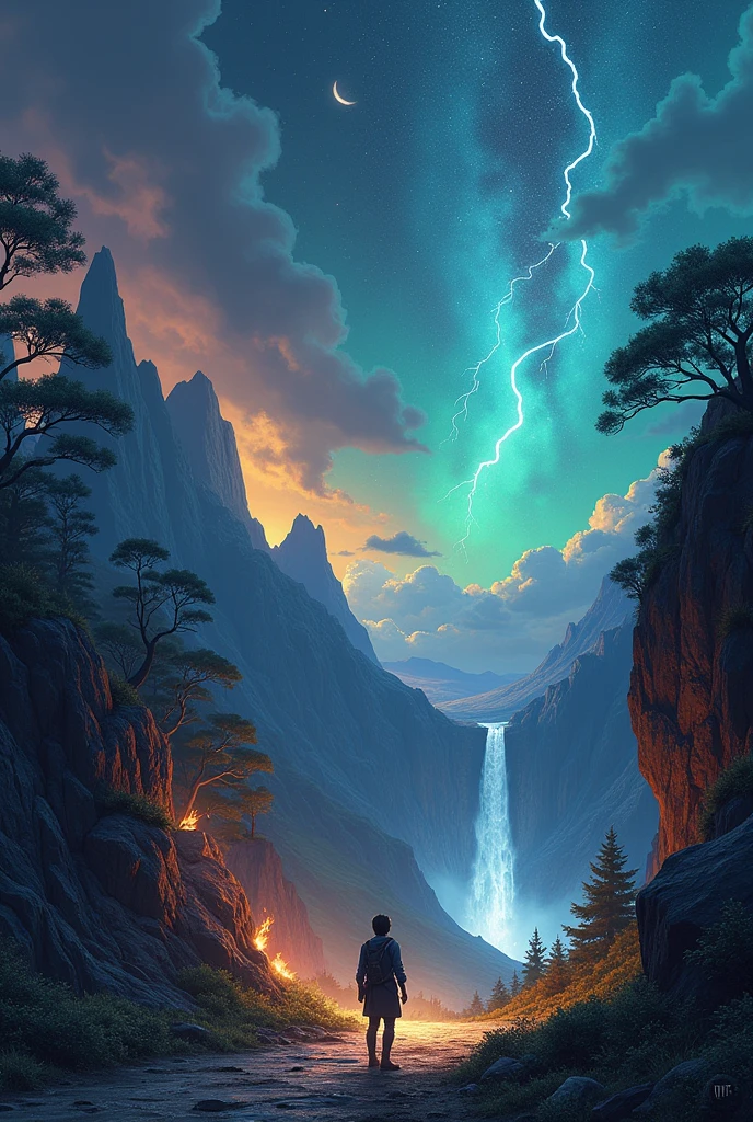 Sky, rock , tree, hill station, night
Orange blue black green purple pink yellow colour mix lightning ,wind, realistic , white sand , bigger clock, rain, water fall,
Fire, dangerous, fight