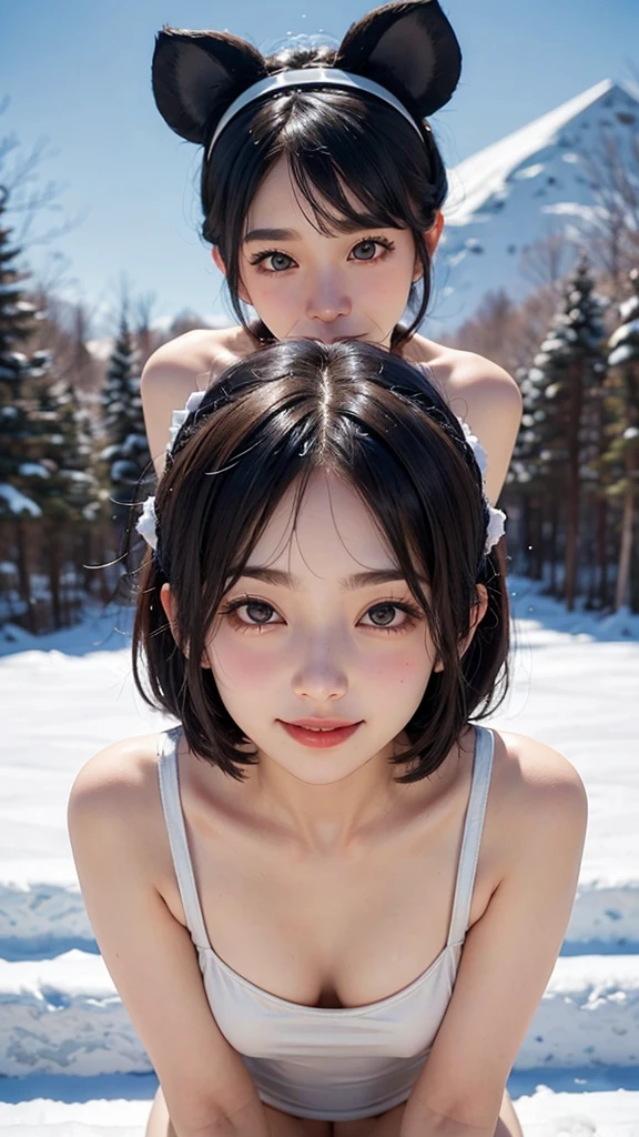 high school student, (brown mickey ears headband)。(Random Nudes)，Exhibitionism，((Random exposure of genitals))。　Beautiful areola。Small breasts. Thin Hair。(On a snowy mountain), Bokeh Background。(Black Hair)。(Round face). (Short Cute Hair). 可愛いsmile. Idol&#39;s face. Smooth Hair. Thin Hair. White skin. Full body photo. fun,smile. Skinny. heavy snow,Deep Snow. Blue sky