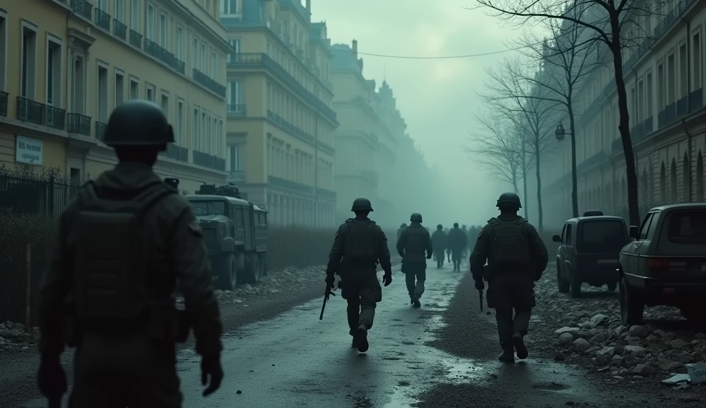 a dystopian city of paris in chaos, soldiers marching on the streets, detailed city landscape, dark clouds, destruction, war zone, military vehicles, abandoned buildings, barbed wire, ruined architecture, gritty atmosphere, high contrast, moody lighting, muted color palette, cinematic composition