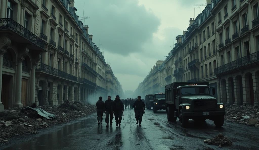 a dystopian city of paris in chaos, soldiers marching on the streets, detailed city landscape, dark clouds, destruction, war zone, military vehicles, abandoned buildings, barbed wire, ruined architecture, gritty atmosphere, high contrast, moody lighting, muted color palette, cinematic composition