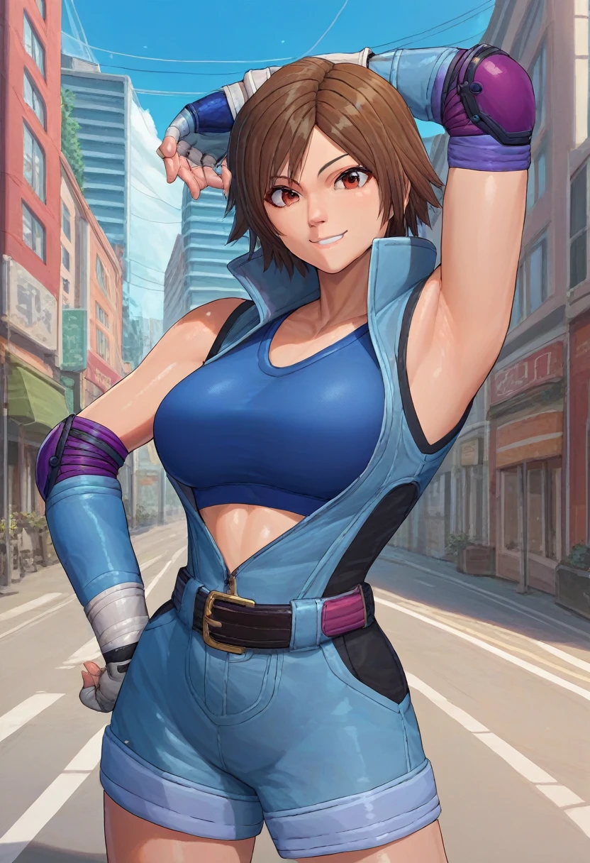 score_9, score_8_up, score_7_up, source_anime, solo, 1girl, asukadef, smile, looking at viewer, hand on hip, short jumpsuit, sports bra, elbow pads, fingerless gloves, shorts, belt, outdoors, city street , large breasts, arms up, detailed armpits