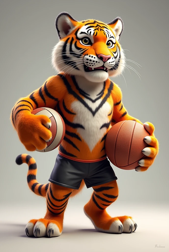 Based on the little tiger. Create a handball team photo, with the name "little tigers", where the tiger will represent the little tiger. The animal must have a handball in its hand, no people in the photo just the animal