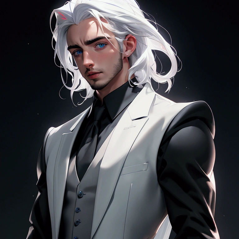 envision a 8k, highres, cinematic close up portrait of a man named Aaron Taylor Johnson with a slender skinny body, no facial hair with sleek white hair, and blue eyes wearing black vest and collard shirt, blazer, magic effects against a dark gray background