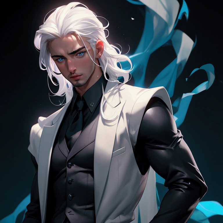 envision a 8k, highres, cinematic close up portrait of a man named Aaron Taylor Johnson with a slender skinny body, no facial hair with sleek white hair, and blue eyes wearing black vest and collard shirt, blazer, magic effects against a dark gray background