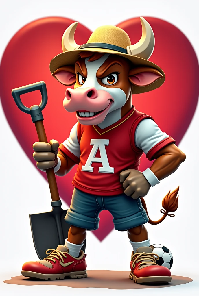 animação de um mascote de time cartoon. It will be an angry and angry cow with a straw hat, holding a shovel in sportswear and having a "a" on the chest and on the foot a soccer ball, all this inside a background heart.