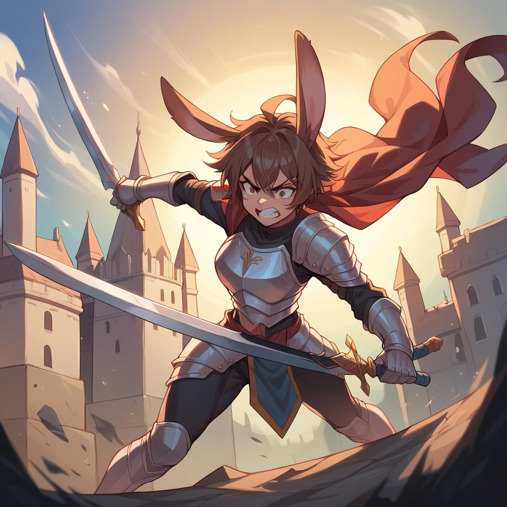 a female bunny kemonomimi in light armor. She is very athletic and is on a training grounds outside a castle. she has a scar over her right eye. she has brown hair and it covers her human ears. she looks angry swinging her sword at a practice dummy.