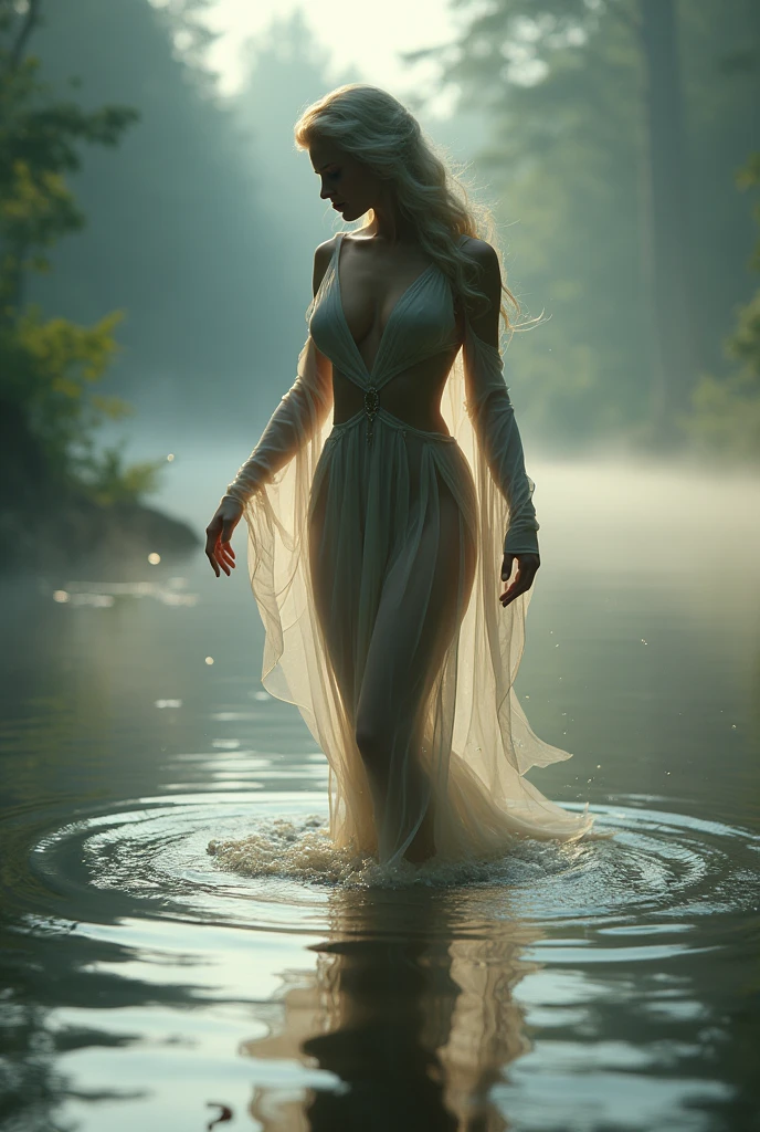 a stunning oriental water nymph dances nimble across the surface of a forest lake at dawn, full body photo. She wears a filmy see-through, sexy outfit that accentuates her figure, showing cleavage, and is illuminated by the first light of the morning, the sun not quite breaking through the morning mist. Perfect Composition, realistic photographic image, RAW photo highest quality, Luis Royo style composition, perfect hands, perfect directional lighting, high contrast, highly detailed face
